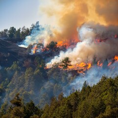 Smoke and flames engulfing a forest or hillside, capturing the impact of rising temperatures