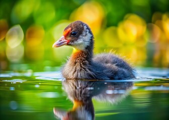 Young Eurasian Coot (Fulica atra) Swimming Gracefully in a Tranquil Pond in Poland, Showcasing the Beauty of Urban Exploration Photography in Nature Settings
