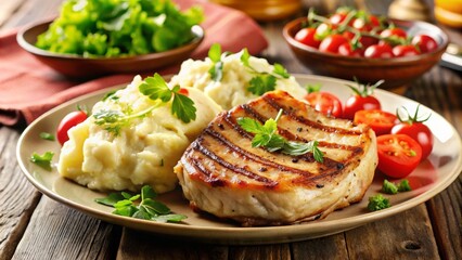 Delicious Grilled Pork Chops Served with Creamy Mashed Potatoes and a Fresh Garden Salad on a Rustic Plate, Perfect for a Gourmet Dining Experience