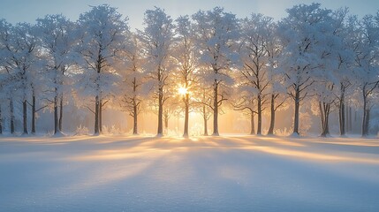 A serene winter landscape with frost-covered trees, a snowy field and a radiant sunrise.