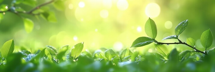 Lush Green Grass with Young Leaves Against a Natural Background of Soft Light and Bokeh in a Vibrant Nature Setting