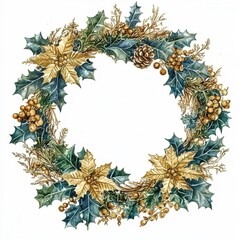 Golden and green holiday wreath decorated with pinecones and berries on a white background