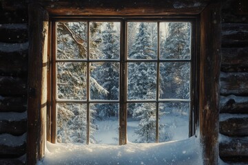 A Window View of a Snowy Forest from a Wooden Cabin