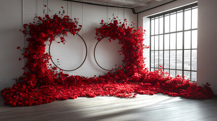 Background should be white, like in a studio, and hoops with red floral arrangements should hang from the ceiling.