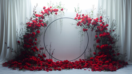 Background should be white, like in a studio, and hoops with red floral arrangements should hang from the ceiling.