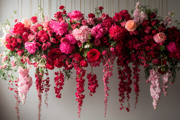 Fototapeta premium Background should be white, like in a studio, and hoops with red floral arrangements should hang from the ceiling.