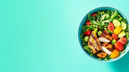 Bowl of Fresh Salad with Grilled Chicken on Green Background