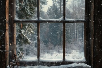 Snowy Forest View Through a Window Pane