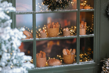Cozy bakery display with fresh bread and festive decorations at wintertime
