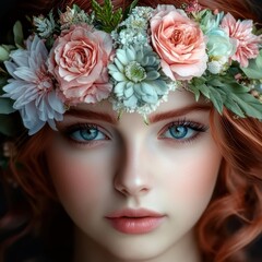 Naklejka premium A close-up portrait of a young woman with vibrant red hair adorned with a floral crown, featuring pink roses and greenery, This image can be used for beauty, fashion, or nature-themed projects,
