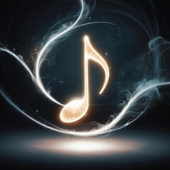 A glowing music note surrounded by ethereal magic, misty trails, and sparkles. dark background.