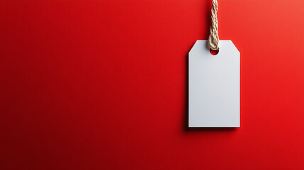 A blank white tag with a string, perfect for labeling items or gifts in various creative projects. Isolated on red background