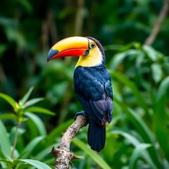 Naklejka premium Keel billed toucan beautiful toucan close up. Wildlife in Costa Rica Keel billed Toucan a beautiful bird with a large bill found in its natural habitat within the Central American forest.