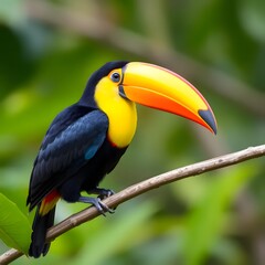 Fototapeta premium Keel billed toucan beautiful toucan close up. Wildlife in Costa Rica Keel billed Toucan a beautiful bird with a large bill found in its natural habitat within the Central American forest.
