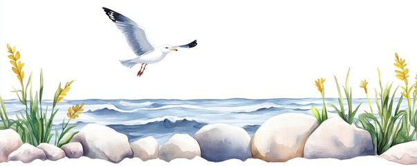 Rocky coastline, gray waves, lone seagull in flight, watercolor style