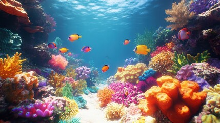 An underwater paradise featuring vibrant coral reefs and colorful fish swimming in crystal-clear water.