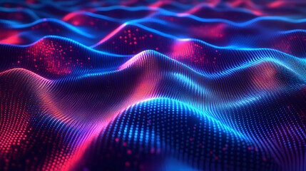 Fototapeta premium A glowing digital terrain of blue and pink hues with shimmering details, resembling an abstract futuristic landscape.