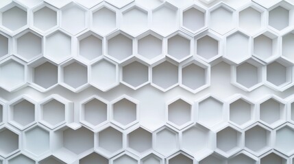 Fototapeta premium A detailed wall featuring a modern design of interconnected white hexagonal shapes, creating a striking visual pattern.