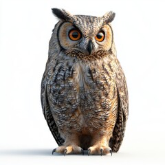 A detailed, realistic owl with prominent orange eyes and intricate feather patterns, standing upright against a plain white background.
