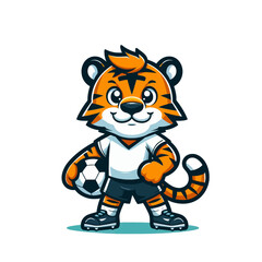 Cute tiger cartoon character mascot. Soccer player. Isolated vector illustration