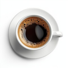 A steaming cup of black coffee sits on a white saucer, showcasing rich foam and inviting aromas, perfect for a morning boost.