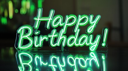 A green neon sign that says "Happy Birthday!" on a counter at night.