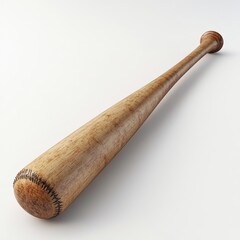 A wooden baseball bat resting on a flat surface, showcasing its tapered shape and natural finish, ideal for sports and recreational activities.