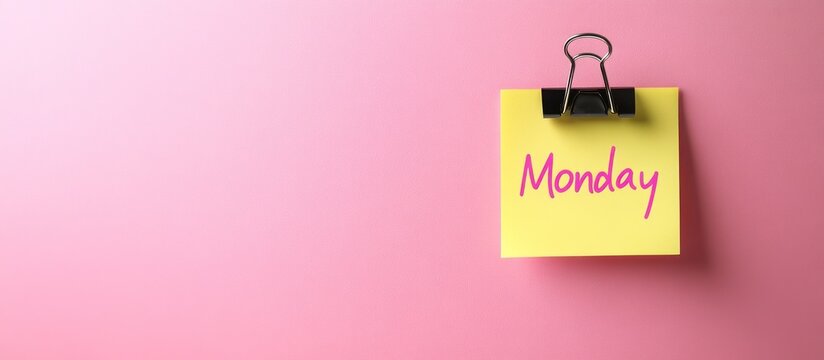 Yellow sticky note with the word Monday written on it, clipped to a pink surface.
