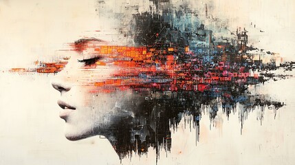 Glitch art portrait with fragmented geometry, binary code rain, cybernetic dissolve, static noise