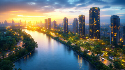Obraz premium Sustainable urban landscapes in the future, peaceful eco-conscious city by the water, buildings with curved, organic forms covered in greenery, small sustainable energy stations throughout the city, o