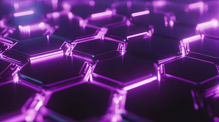 A purple glowing hexagonal grid with radiant edges and a sleek reflective surface, symbolizing futuristic technology and design.