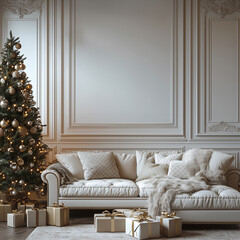 Fototapeta premium Festive white interior decorated for Christmas. Living room in classic style with fireplace