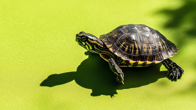 A small turtle with a patterned shell crawls across a green background.