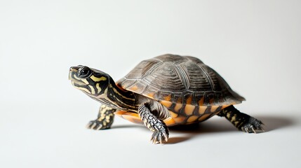Naklejka premium A small turtle with a patterned shell crawls across a white background.