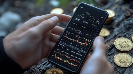 Analyzing cryptocurrency trends on a smartphone with digital coins nearby.