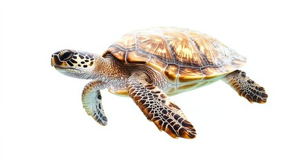 Fototapeta premium A sea turtle swims through the water, isolated on a white background.