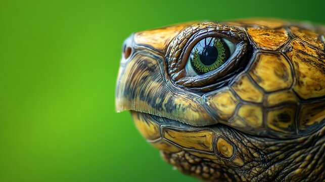 A close-up photo of a turtle's face, showing its eye and shell, with a blurred green background.