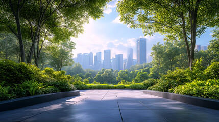 Sustainable urban landscapes in the future, futuristic city park with spacious walking paths, large area of negative space in foreground, soft lighting