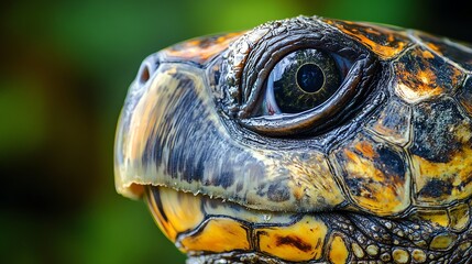 Obraz premium A close-up photo of a turtle's face, showing its eye and shell, with a blurred green background.