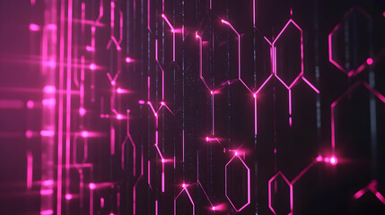 Vertical lines of glowing pink hexagons in a dynamic cascade, representing futuristic digital data flow or a virtual corridor.
