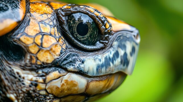 A close-up of a turtle's face, showing its eye and patterned shell.