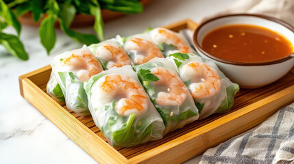 A colorful platter of gourmet Fresh spring rolls , featuring fresh vegetables, and shrimp, makes a delicious and healthy meal