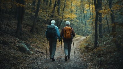Two hikers enjoy a peaceful stroll through a colorful autumn forest trail.
