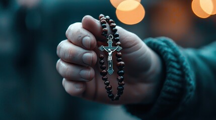 Fototapeta premium A person is holding a cross necklace in their hand