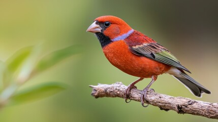 Fototapeta premium A small bird with a black and blue head and red body is perched on a branch