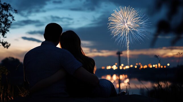 A couple is sitting on a rock by a body of water, watching fireworks