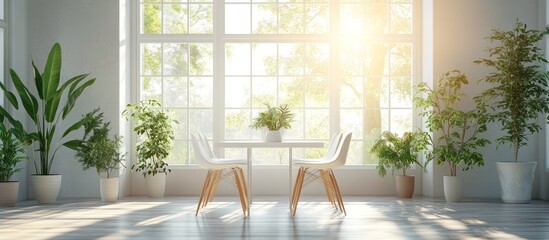Sunny dining room with large window and potted plants.