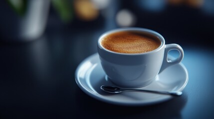 Obraz premium A white coffee cup with a spoon on a white plate