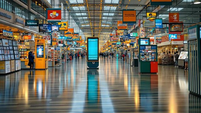 Digital signage with a screen in a mall aisle, enhancing the shopping experience G