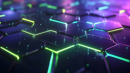 Fototapeta premium A futuristic hexagonal grid design illuminated with neon green and blue glowing accents, resembling a high-tech interface.